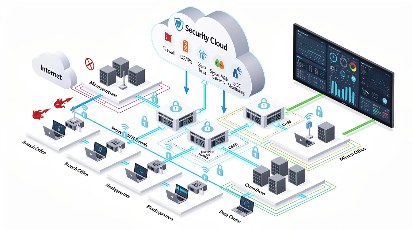 The image depicts a network diagram illustrating cloud-based security services that safeguard a distributed enterprise infrastructure. It highlights various security measures such as access management, data loss prevention, and threat intelligence, showcasing the comprehensive cloud security solutions provided by managed security service providers to enhance the organization's security posture against cyber threats.