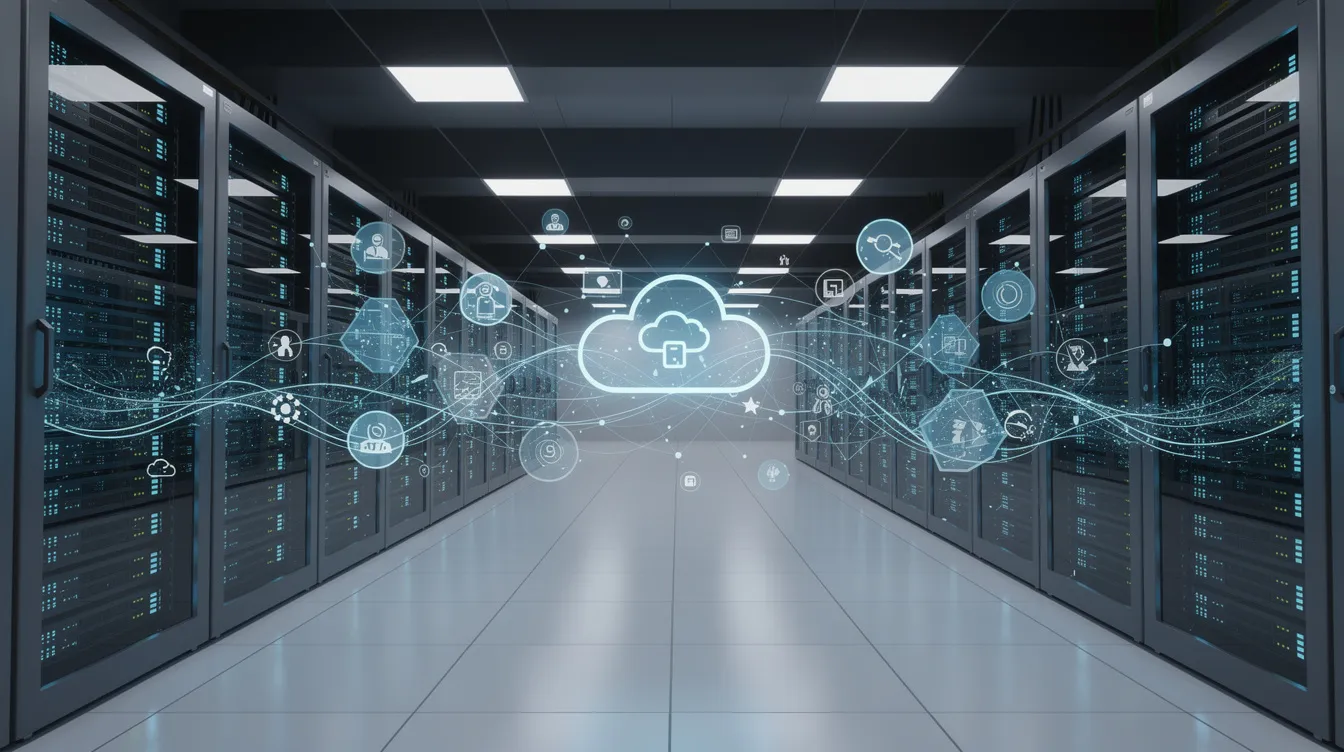 The image depicts a modern data center featuring glowing server racks, symbolizing advanced cloud connectivity. This environment emphasizes the importance of data security and cloud data loss prevention, showcasing the infrastructure designed to protect sensitive data and ensure compliance with data protection laws.