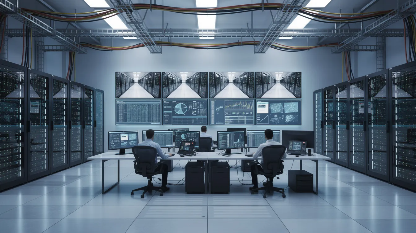 The image depicts a modern data center equipped with advanced security monitoring equipment, where security teams are actively monitoring for suspicious activity and potential threats to sensitive data. The environment is designed to detect indicators of compromise, such as unusual network traffic and multiple failed login attempts, to prevent data breaches and unauthorized access.