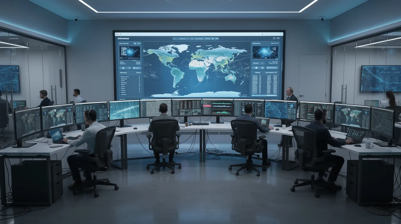 The image showcases a modern security operations center where security analysts are intently monitoring multiple screens displaying various security alerts and incidents. This centralized platform enables security teams to analyze security data, respond to potential threats, and improve their overall security posture through effective security orchestration and automation.