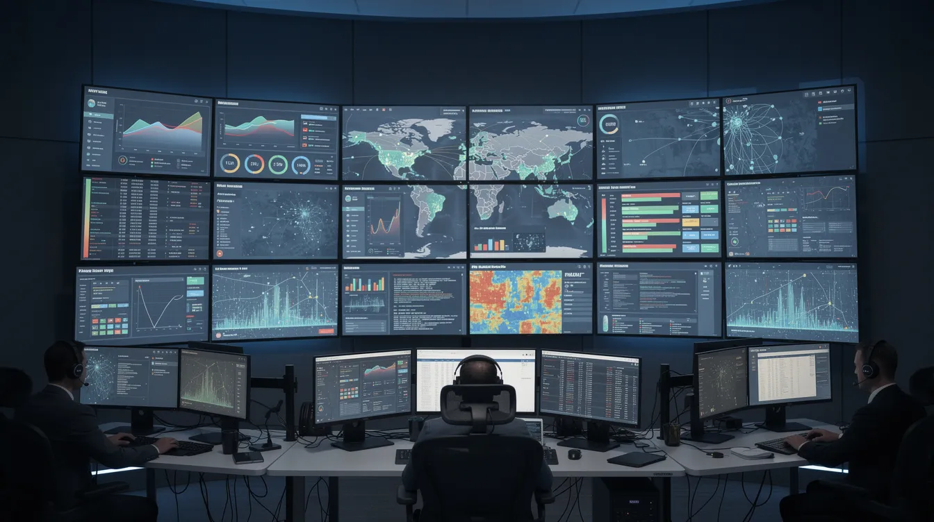 The image depicts a security operations center filled with multiple monitors displaying various network dashboards, where security teams actively monitor network traffic for potential threats. The screens highlight indicators of compromise, such as unusual sign-in attempts and suspicious activity, critical for early detection of data breaches and cyber threats.
