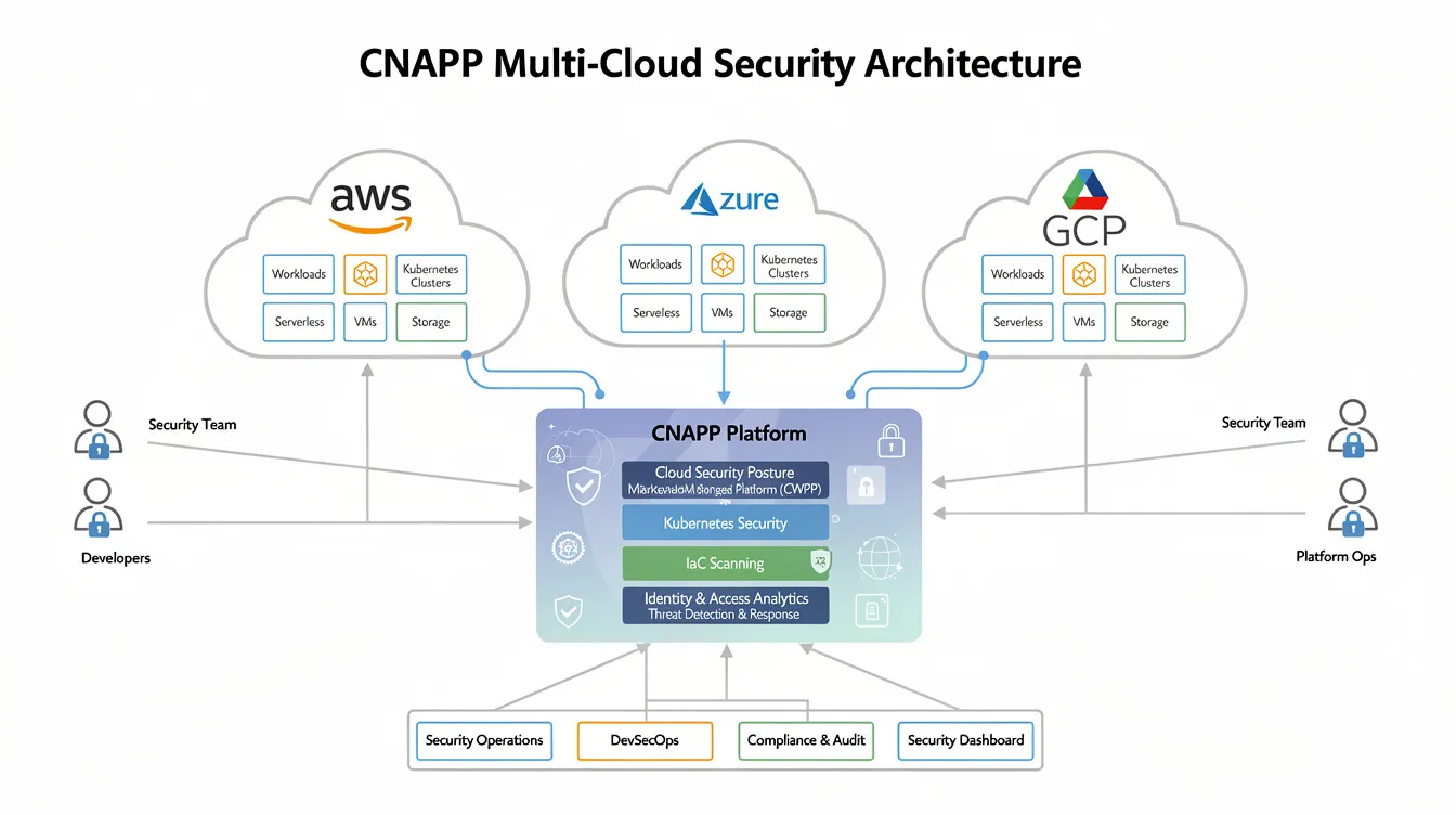 The image depicts a cloud security architecture diagram illustrating the deployment of a Cloud Native Application Protection Platform (CNAPP) across a multi-cloud infrastructure, highlighting various security tools and controls necessary for managing cloud resources and workloads. It emphasizes the integration of security posture management and continuous monitoring to address potential security incidents in dynamic cloud environments.