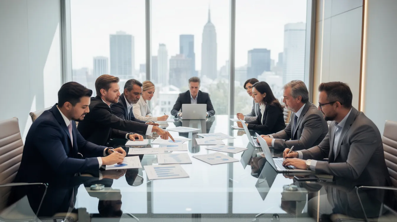 The image depicts a group of business professionals engaged in a collaborative discussion while reviewing documents in a sleek, modern conference room. This setting emphasizes the importance of security posture management and compliance monitoring in cloud environments, as the professionals strategize on enhancing cloud security and managing potential risks associated with cloud resources.