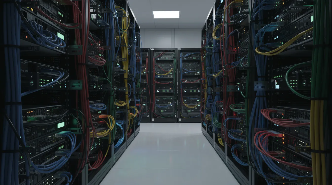 The image depicts a server room filled with neatly organized network cables and multiple blinking status lights, indicating active connections and monitoring of network traffic. Security teams may utilize this environment to safeguard sensitive data and respond to potential threats, ensuring the integrity of the organization's network against cyber threats and suspicious activity.