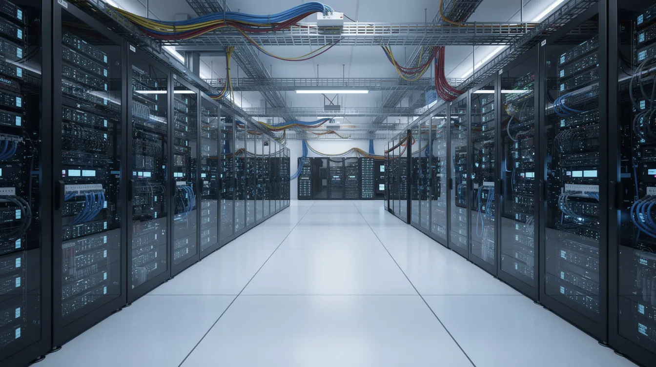 The image depicts a modern cloud computing data center filled with multiple server racks connected by intricate network cables, showcasing a robust cloud infrastructure. This environment emphasizes the importance of cloud security posture management, as it supports various cloud services and protects sensitive data across multiple cloud platforms.