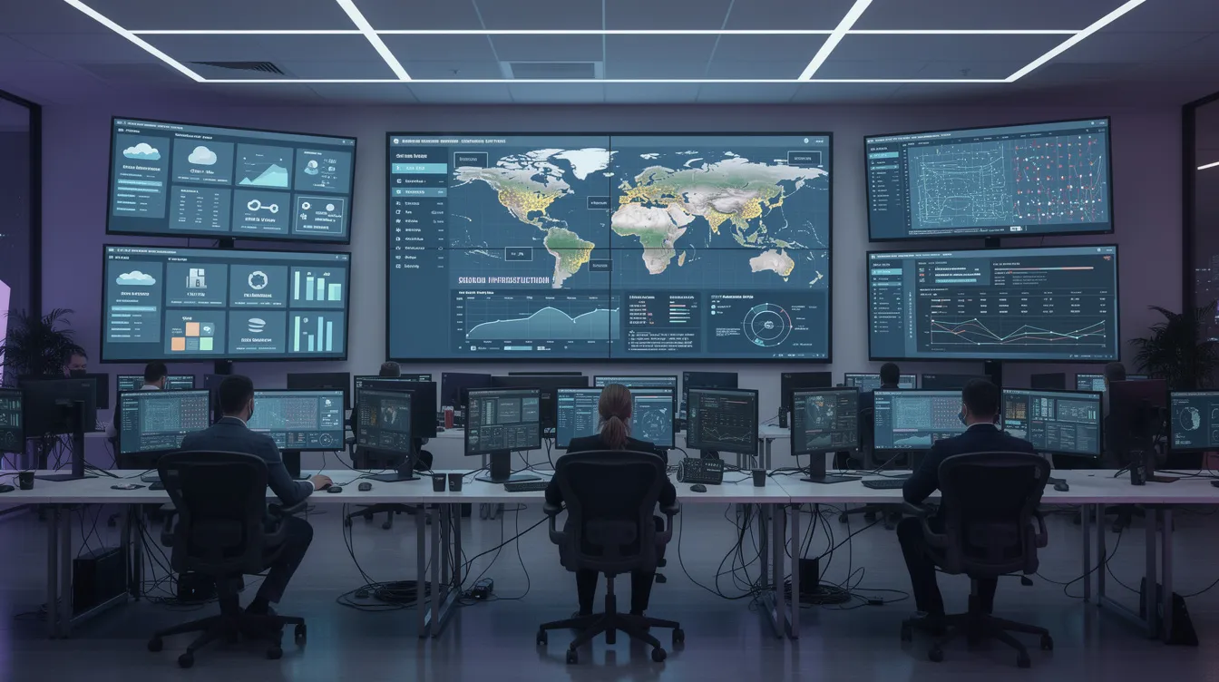 The image depicts a cloud security operations center featuring multiple monitoring screens that display real-time threat analytics and security metrics. This high-tech environment is designed for security teams to manage network security and respond to cyber threats effectively, showcasing advanced security capabilities and continuous monitoring for comprehensive cloud security.