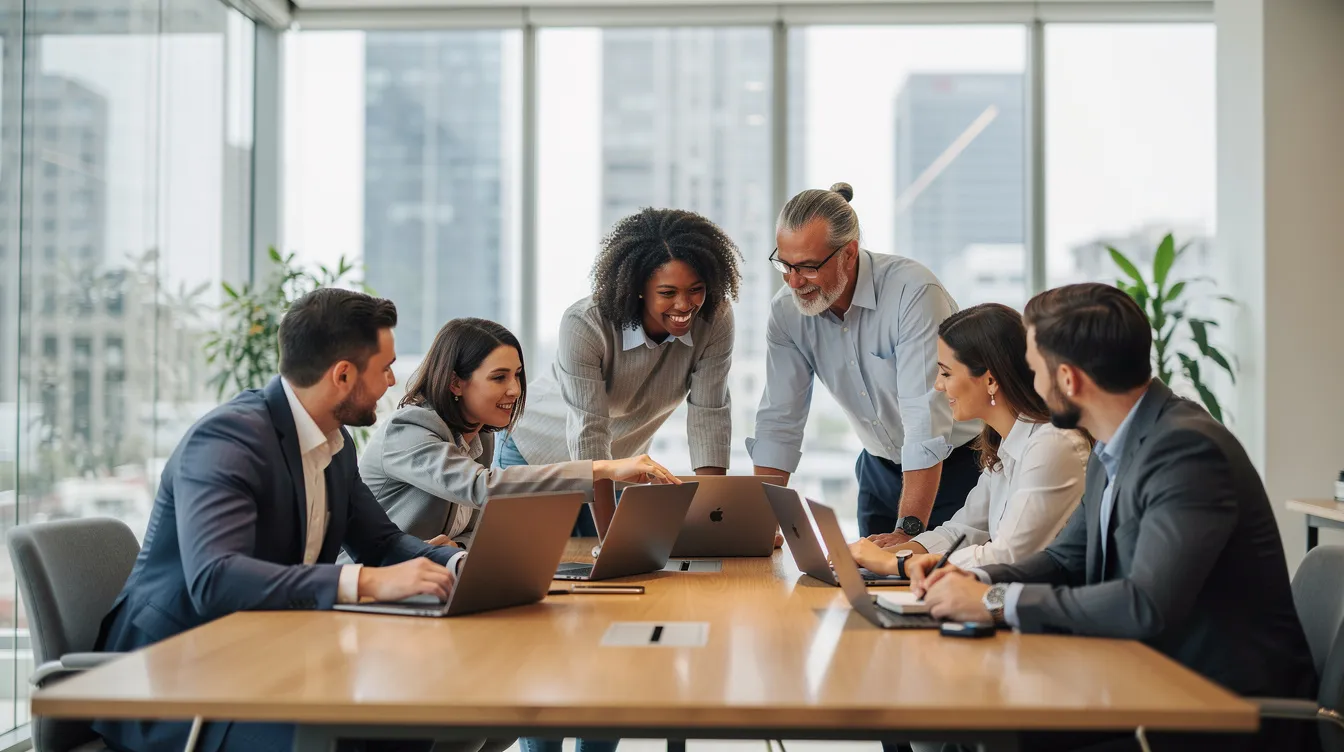 The image depicts a group of professionals collaborating around laptops in a modern office environment, focusing on data security and effective data loss prevention strategies. They are likely discussing ways to protect sensitive data and ensure compliance with data protection laws within cloud environments.