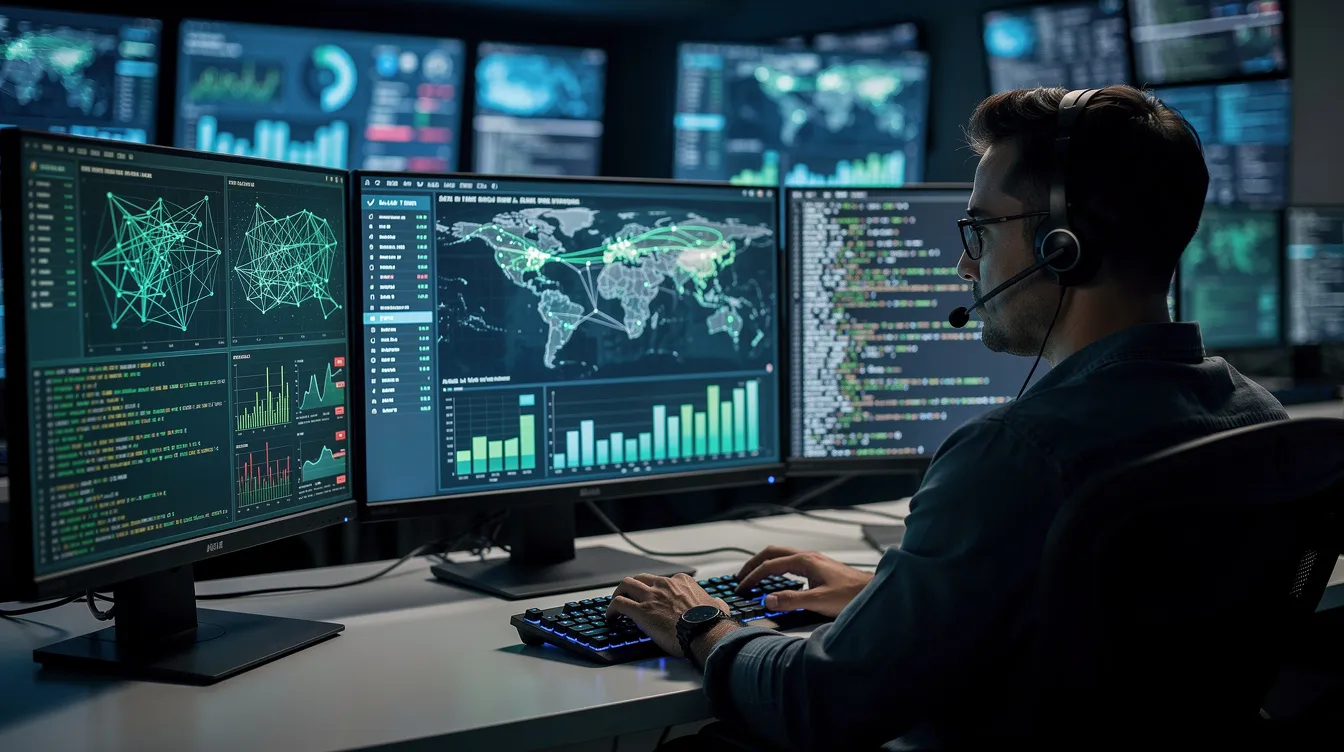 A cybersecurity analyst is focused on multiple monitors displaying various data visualizations related to cloud security posture management. The screens show real-time analytics and alerts for security risks, compliance monitoring, and cloud infrastructure configurations, emphasizing the importance of protecting sensitive data across multi-cloud environments.