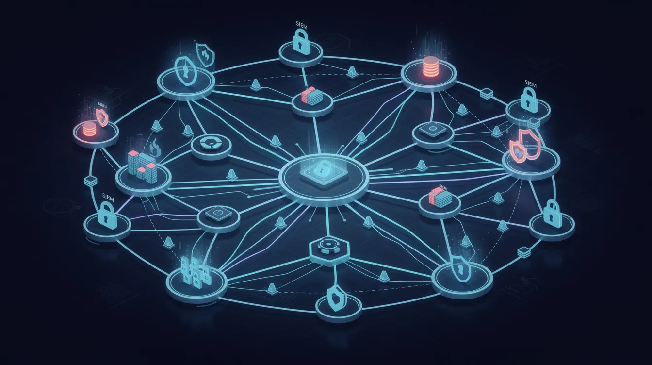 The image depicts interconnected network nodes symbolizing various security tools and their integrations, illustrating the concept of security orchestration and automation. This visual representation highlights the collaboration among security teams to enhance threat detection and streamline incident response processes within a centralized platform.