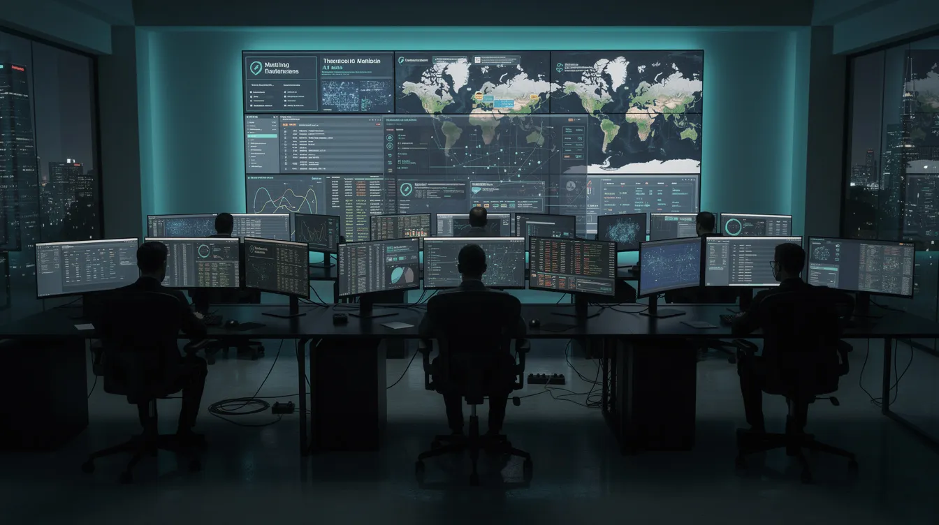 The image depicts a modern security operations center (SOC) illuminated by multiple monitors, each displaying intricate data dashboards that highlight real-time monitoring of security events and incidents. This advanced setup enables security teams to leverage next generation SIEM solutions and big data analytics for effective threat detection and response capabilities in an evolving threat landscape.