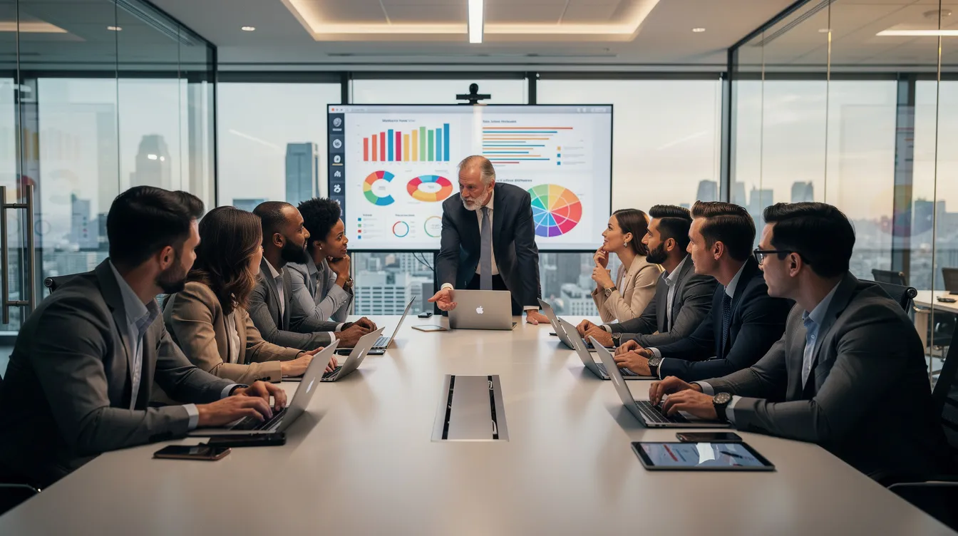 The image depicts a diverse team of professionals engaged in collaboration around a conference table, equipped with laptops and digital displays, focusing on strategies for next generation SIEM solutions to enhance security operations and address emerging threats. Their discussion likely revolves around leveraging big data analytics and machine learning to identify sophisticated threats and improve threat detection capabilities.