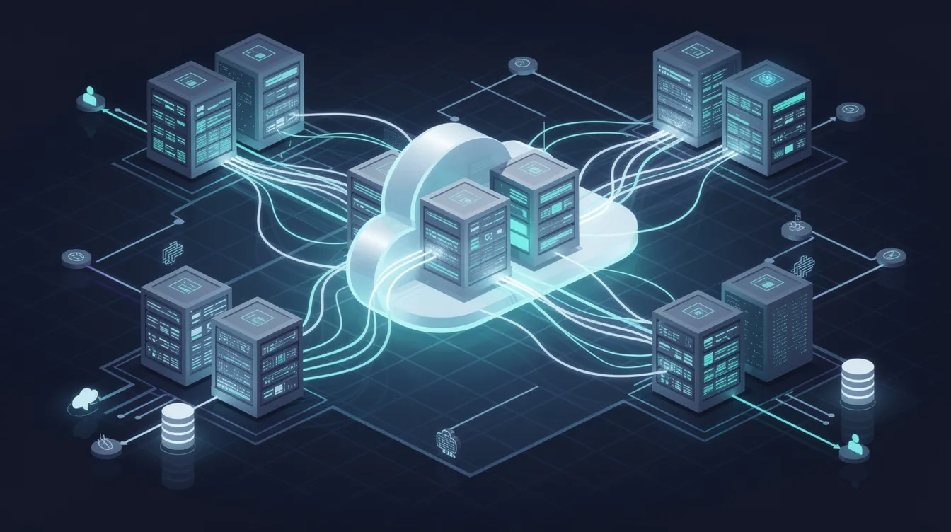 The image depicts a cloud computing infrastructure featuring interconnected server nodes and dynamic data streams flowing between them, symbolizing the advanced capabilities of next generation SIEM solutions. This setup illustrates how security teams can leverage big data analytics and machine learning to enhance threat detection and address emerging threats in today's evolving threat landscape.