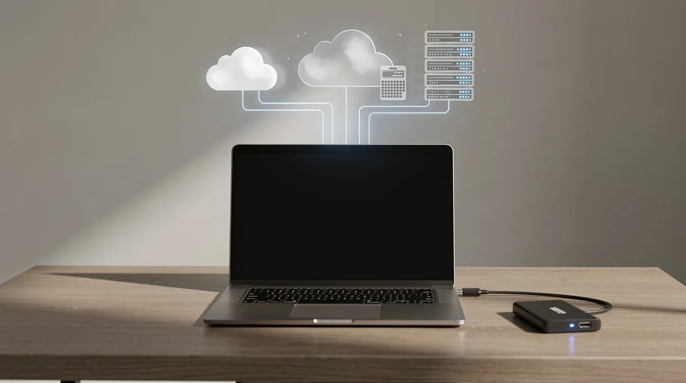 The image depicts a home office desk featuring a laptop connected to an external hard drive, with illustrated cloud and server icons above, symbolizing online backup services and cloud storage solutions for safeguarding important files across multiple devices. The setup emphasizes the importance of backup data management and the integration of cloud backup options for efficient data security.