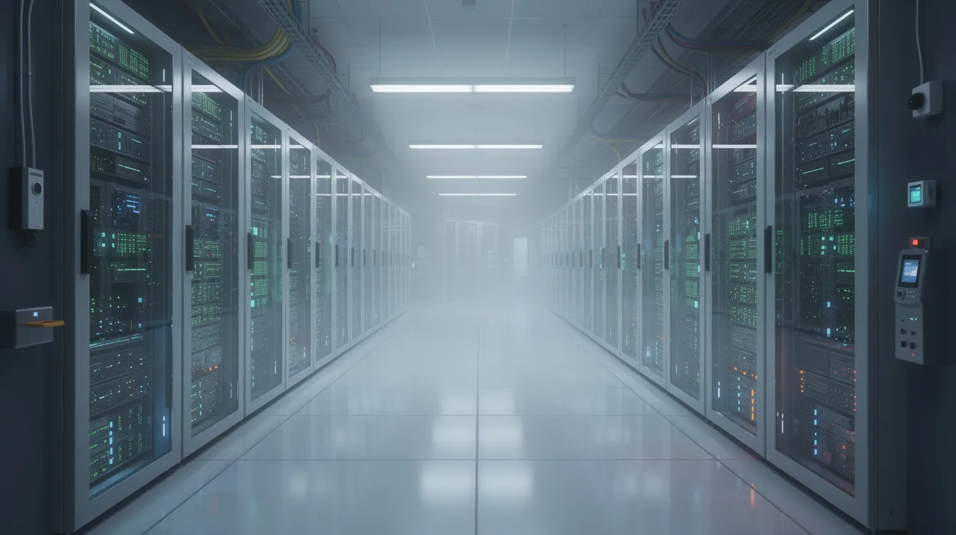 The image depicts a secure data center filled with rows of servers, each equipped with glowing status lights, highlighting the importance of cloud backup services for storing and protecting important files. This environment is essential for online backup solutions, ensuring data is safely backed up and accessible across multiple devices.